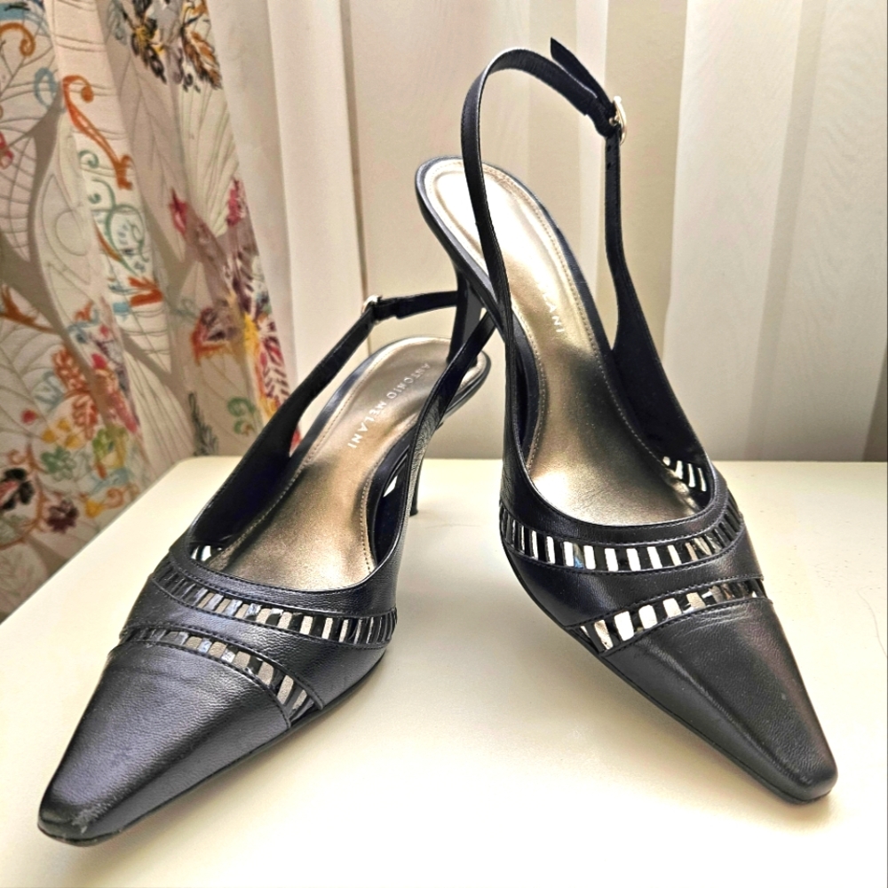 Antonio Melani Shoes 8M Heels Black Leather Slingback Pointed Toe
